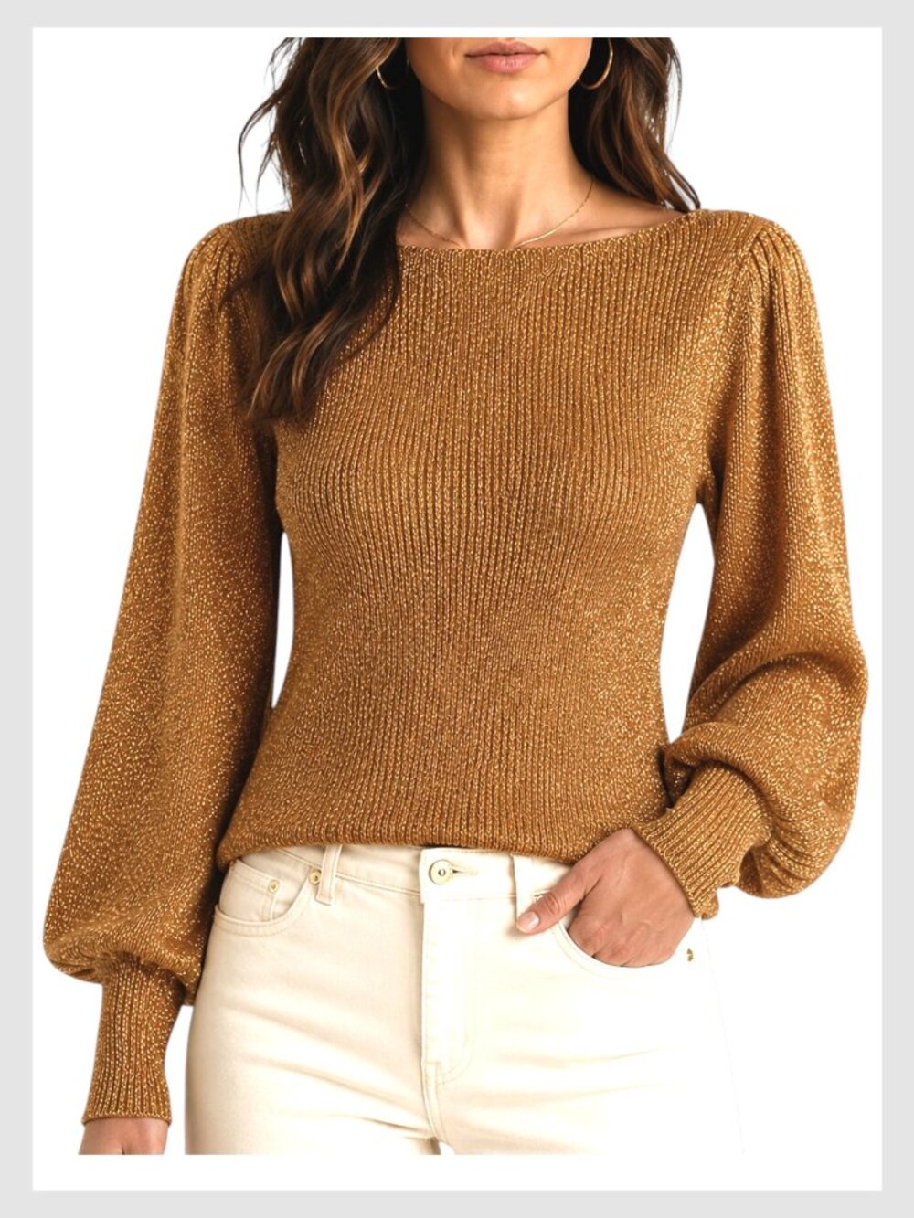 Ann Taylor Metallic Puff Sleeve Sweater Brown Gold Boatneck S